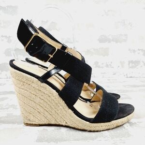 Banana Republic Black Espadrille Buckle Slingback Summer Wedge Sandals O215